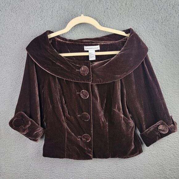 Mandarin Blue Jacket Womens 6 Chocolate Brown Velvet Crop Jackie Kennedy Retro - Picture 2 of 10